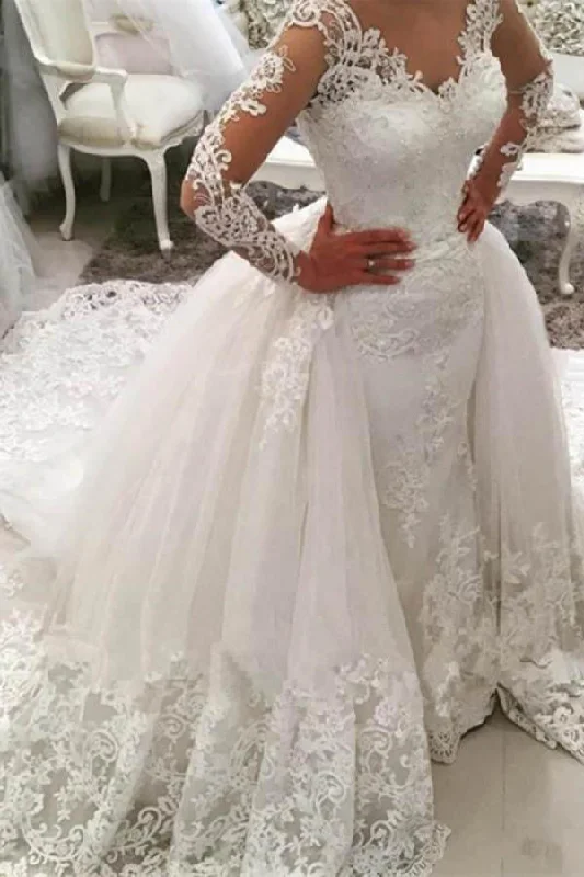 Gorgeous Ivory V-Neck Long Sleeves Appliques Wedding Dresses N618