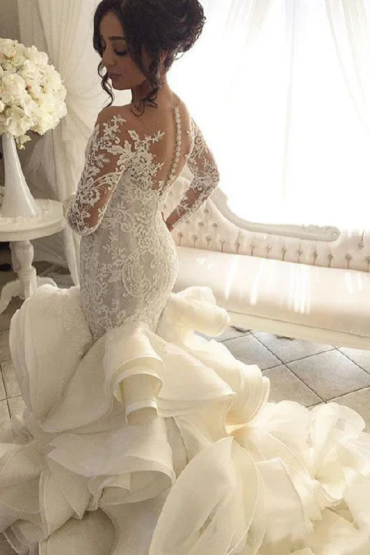 Gorgeous Long Sleeve Ivory Appliques Ruffles Wedding Gowns Mermaid Bridal Dresses N1117