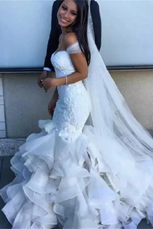 Gorgeous Off the Shoulder Mermaid Wedding Dresses with Ruffles White Bridal Gown N1158