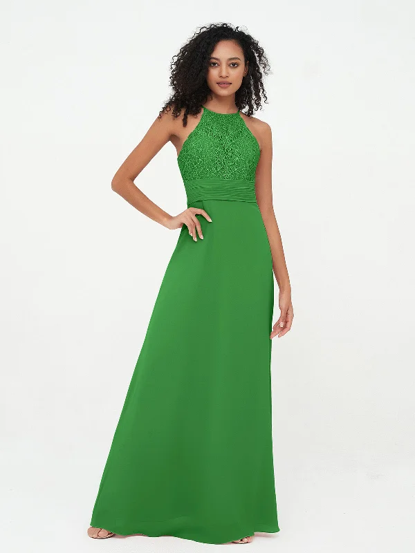 Halter Lace Top and Chiffon Open Back Dresses Green