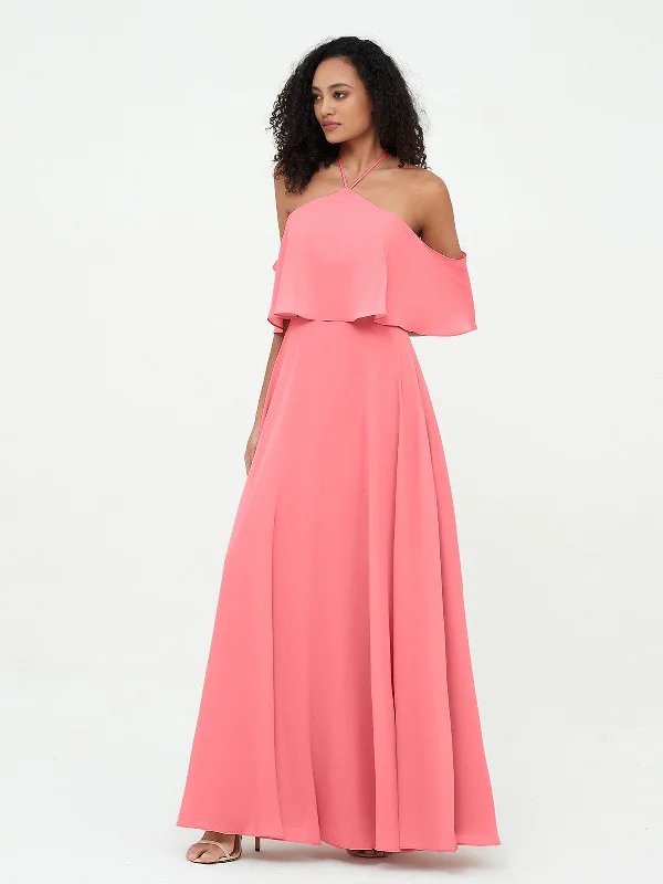 Halter Off the Shoulder Max Dresses with Pockets-Watermelon