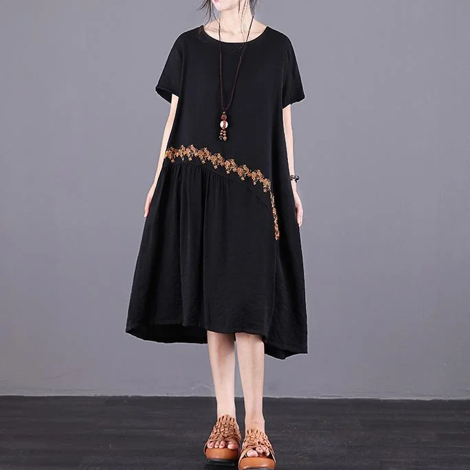 Handmade o neck patchwork chiffon Robes Women Shape black embroidery Robe Dress Summer