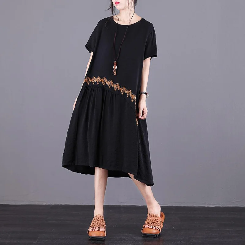 Handmade o neck patchwork chiffon Robes Women Shape black embroidery Robe Dress Summer