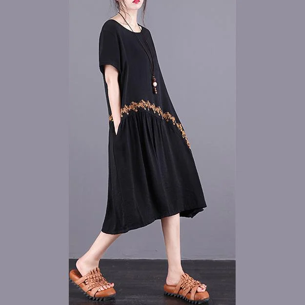 Handmade o neck patchwork chiffon Robes Women Shape black embroidery Robe Dress Summer