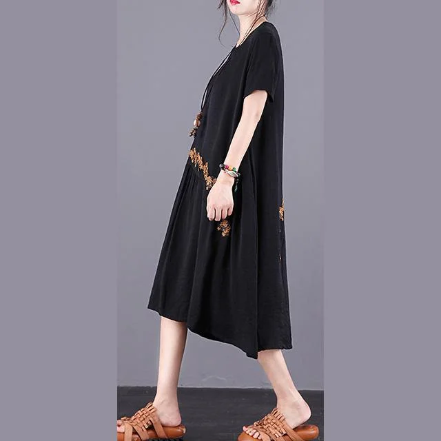 Handmade o neck patchwork chiffon Robes Women Shape black embroidery Robe Dress Summer