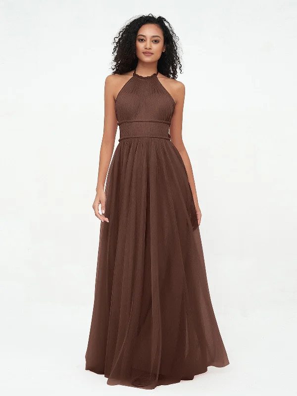 Illusion Halter Tulle Maxi Boho Dresses-Chocolate