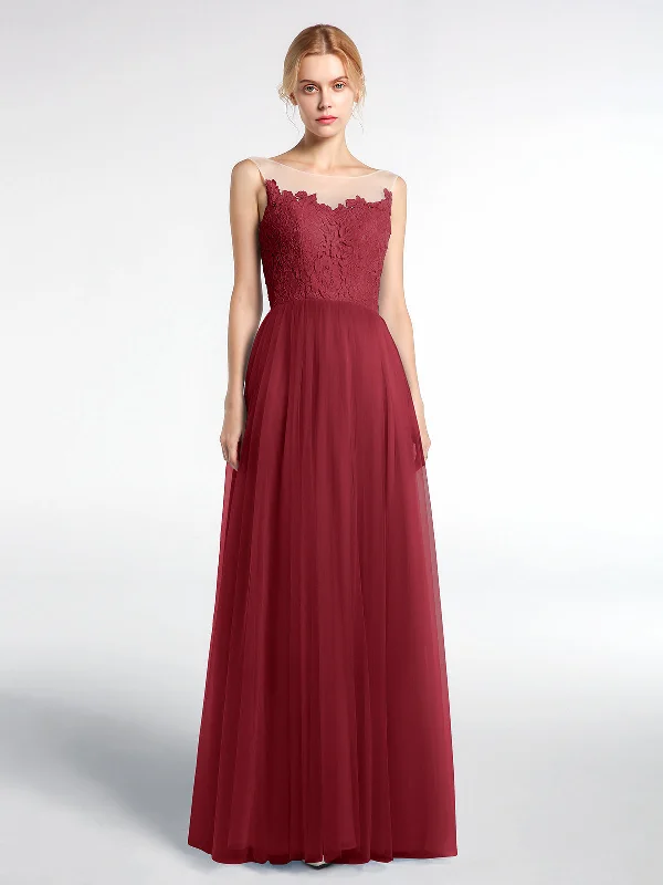 Illusion Neckline Lace and Tulle Maxi Dress-Burgundy