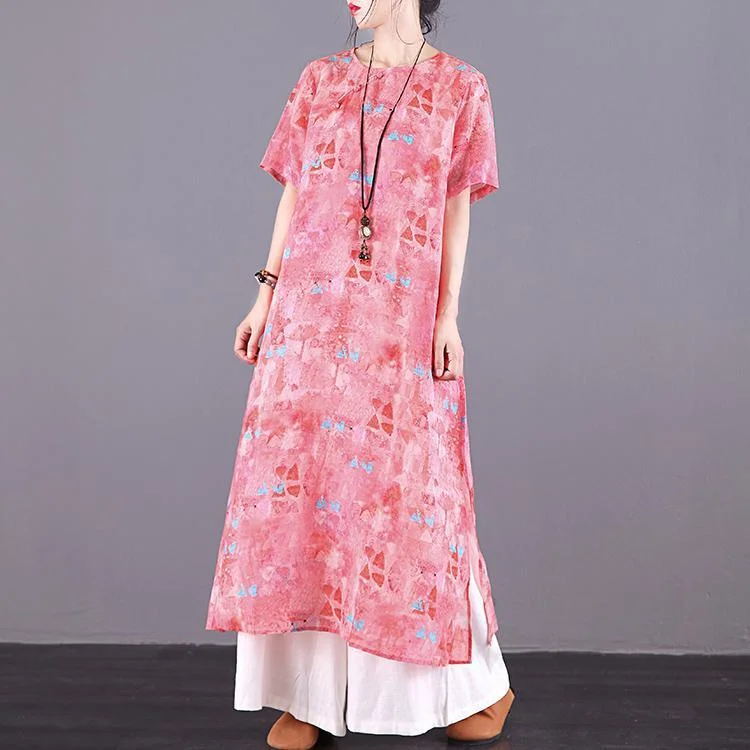 Italian pink print linen dress o neck Button Down Robe summer Dress