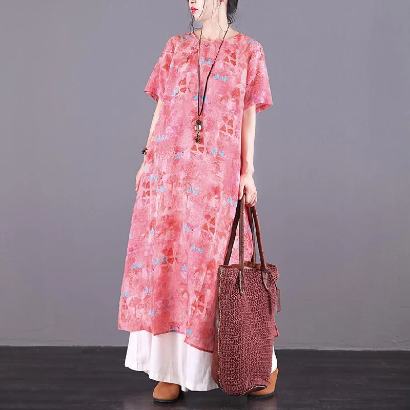 Italian pink print linen dress o neck Button Down Robe summer Dress