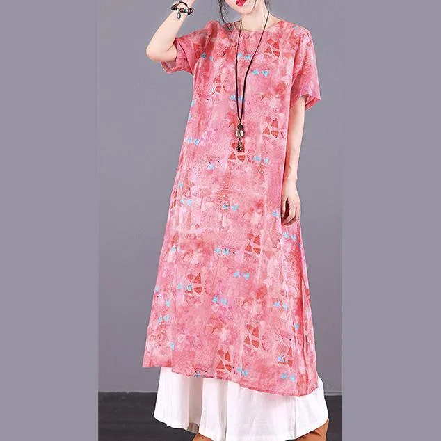 Italian pink print linen dress o neck Button Down Robe summer Dress