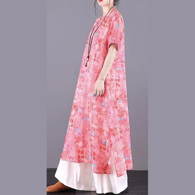 Italian pink print linen dress o neck Button Down Robe summer Dress