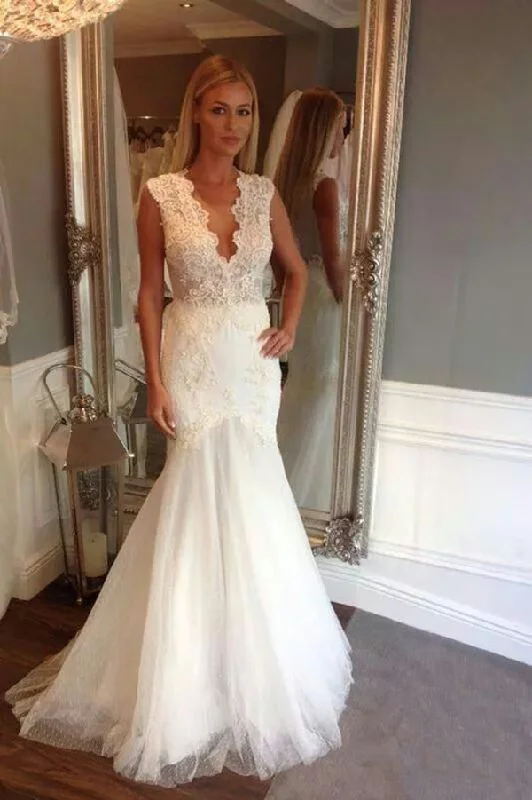 Ivory V-Neck Sleeveless Mermaid Wedding Dresses Long Tulle Bridal Dresses with Appliques N940