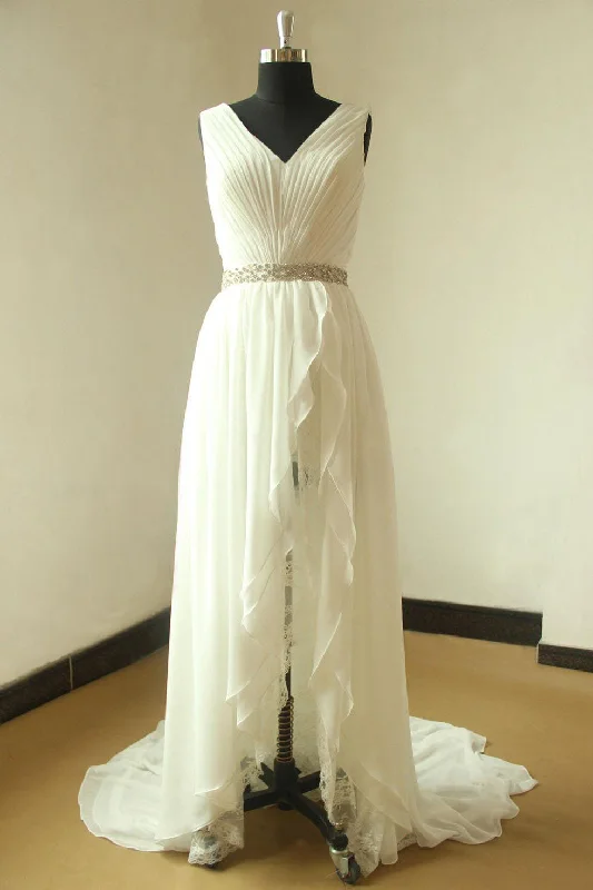 Ivory V-Neck Sleeveless Pleated Slit Chiffon Summer Beach Wedding Dresses with Beading N964