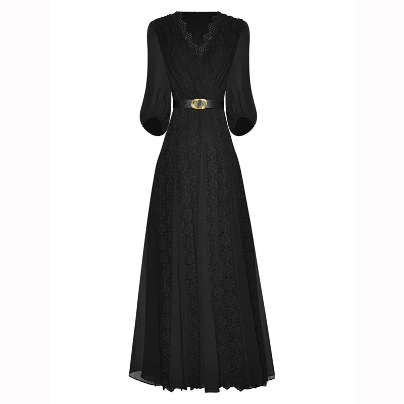 Lace Dress V-Neck Lantern Sleeve Belt Elegant Midi Dress