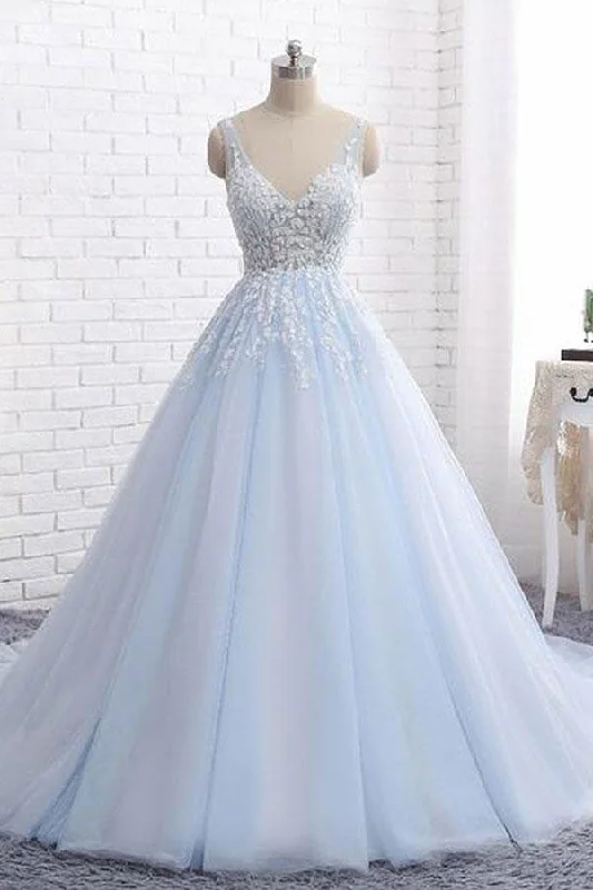 Elegant V-Neck Sleeveless Ball Gown Lace Appliqued Tulle Light Blue Wedding Dresses