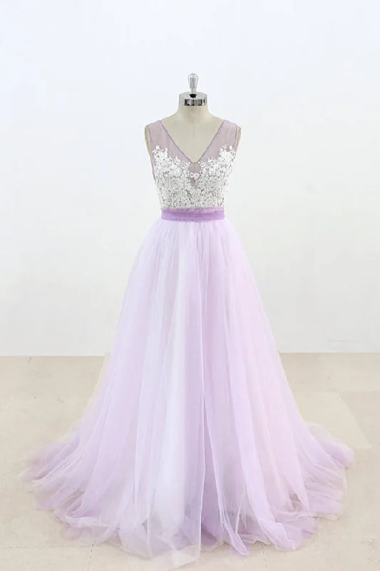 Lilac V-Neck Sleeveless Tulle Wedding Dresses Lace Appliqued Bridal Gown with Belt N817