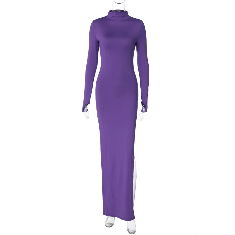 Liu Ming Popular Fashion 2024 Trending Sexy Women Long Sleeve Turtleneck Solid Color Slit Slim Fit Bodycon Maxi Dress