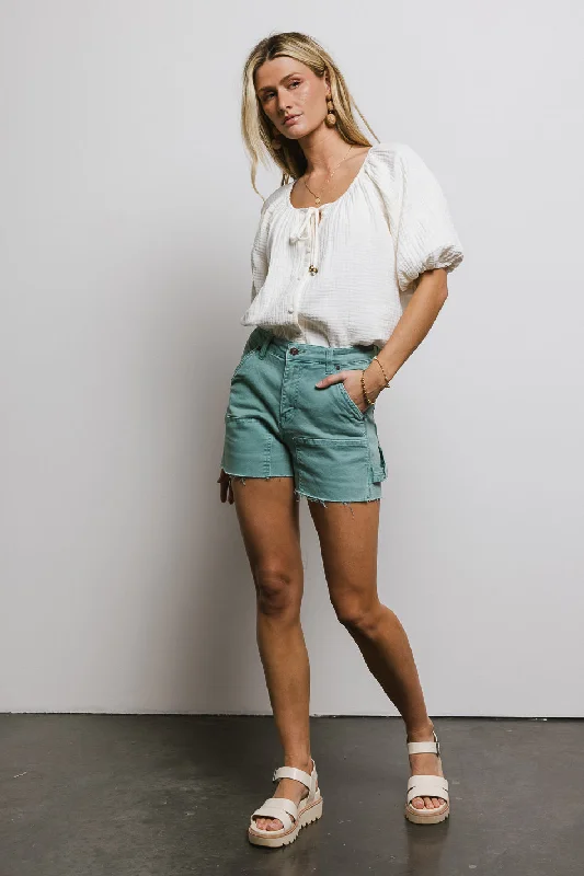 Maria Utility Denim Shorts in Teal