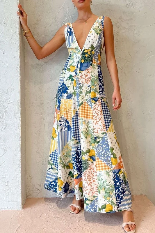 Floral Print Sleeveless V-neck Maxi Dress