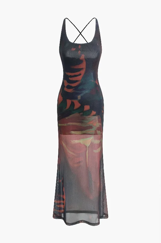 Tie Dye Crossed Mesh Maxi Dress