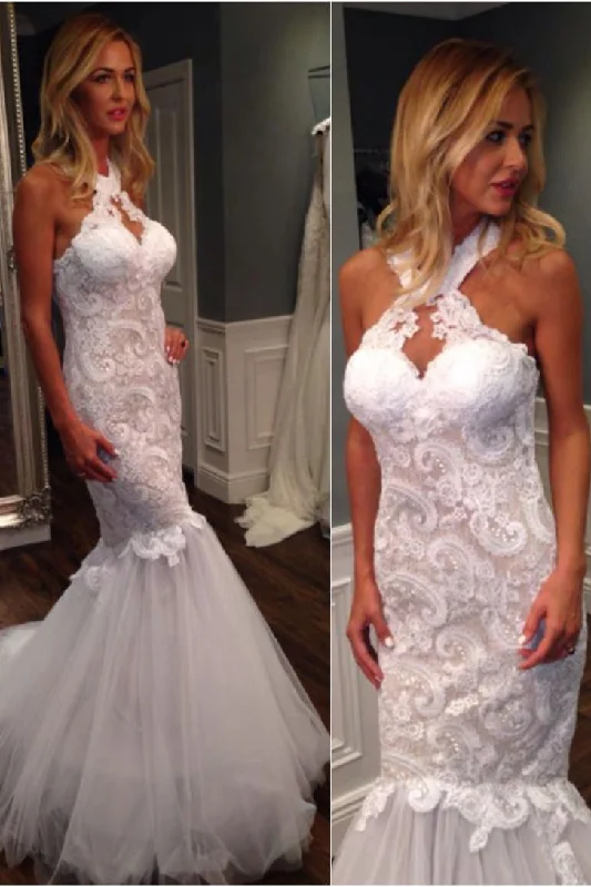 Mermaid Halter Sleeveless Tulle Wedding Dresses with Lace Appliques,Long Bridal Dresses N944