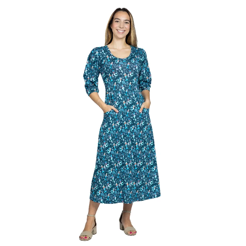 Mermaids Elastic Puff-Sleeve Midi Dress (With Waist Seam)