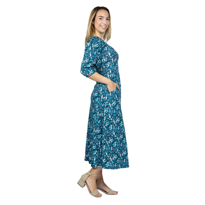 Mermaids Elastic Puff-Sleeve Midi Dress (With Waist Seam)