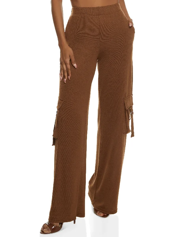 Daisy Brushed Knit Wide Leg Cargo Pocket Pants