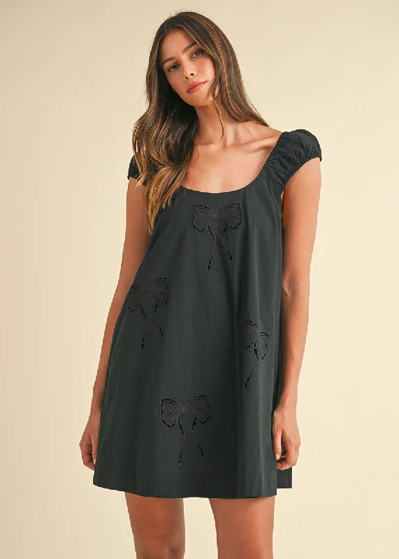 Naya Bow Embroidered Mini Dress - Black