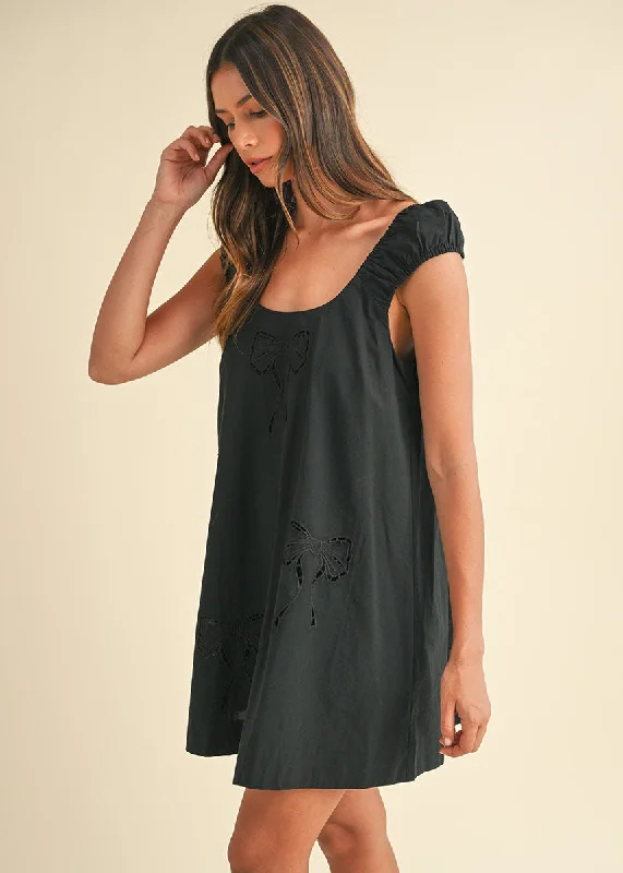 Naya Bow Embroidered Mini Dress - Black