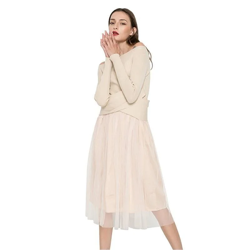 Off Shoulder Sexy Mesh Knitted Tulle Party Long Sleeve Midi Dress