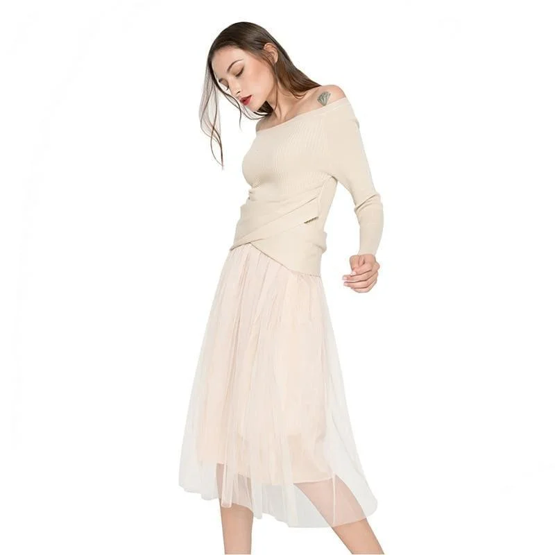 Off Shoulder Sexy Mesh Knitted Tulle Party Long Sleeve Midi Dress