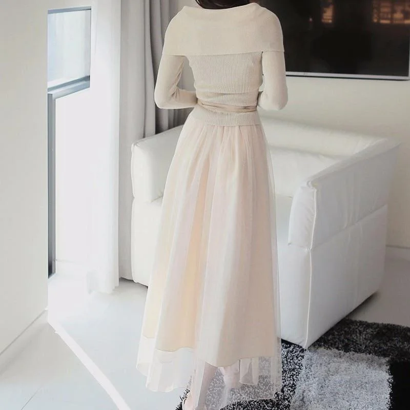 Off Shoulder Sexy Mesh Knitted Tulle Party Long Sleeve Midi Dress