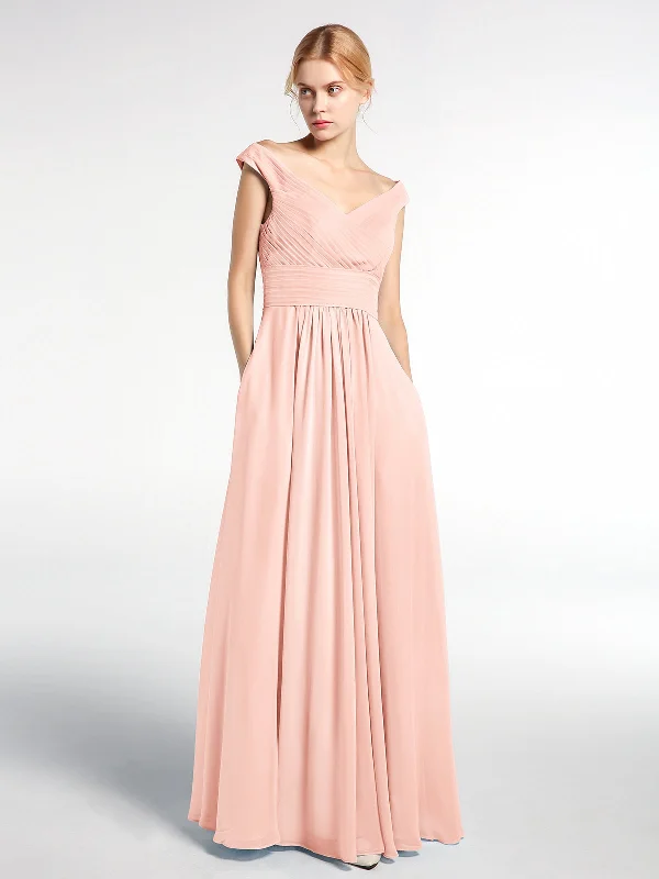 Off shoulder V-neck Maxi Dress with Pockets-Pearl Pink