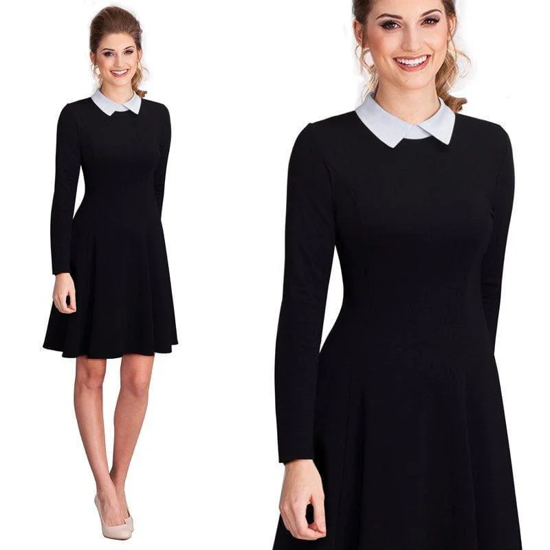 Office Business Pleated A-line Dress Classic Turn-down Collar Black Midi Dress