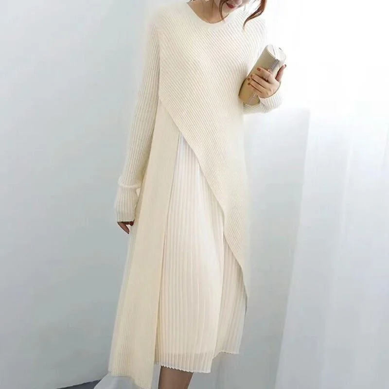 One Size  Sweater Pleated  Long Sleeve  Midi Dress