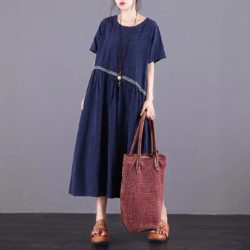 Organic blue Jacquard linen Robes o neck patchwork Maxi summer Dress