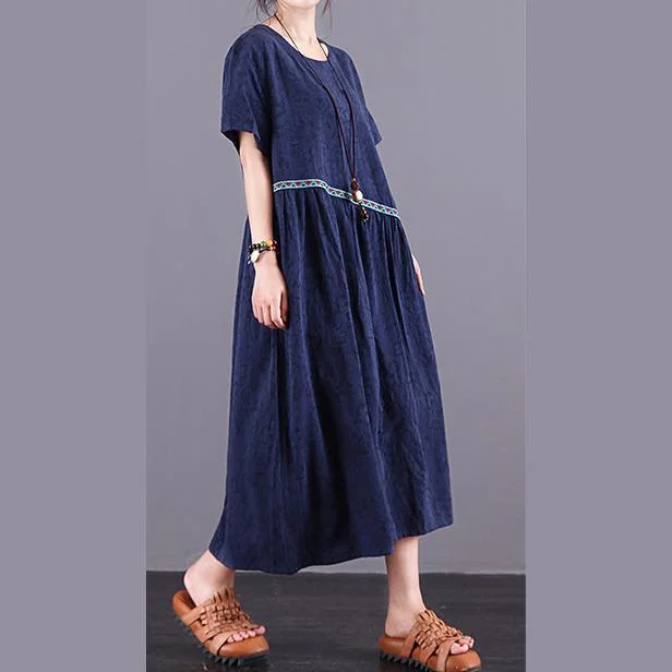 Organic blue Jacquard linen Robes o neck patchwork Maxi summer Dress