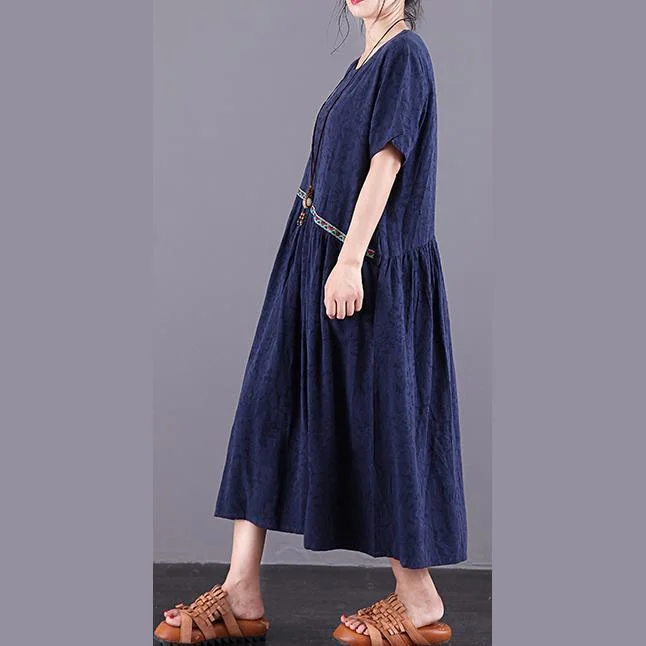 Organic blue Jacquard linen Robes o neck patchwork Maxi summer Dress