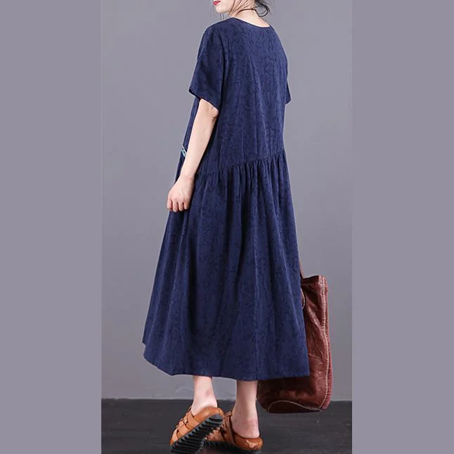 Organic blue Jacquard linen Robes o neck patchwork Maxi summer Dress