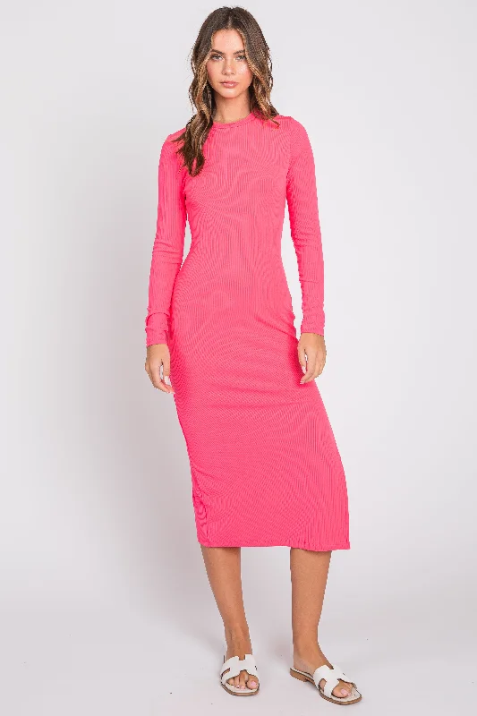 Pink Ribbed Mock Neck Long Sleeve Midi Dress