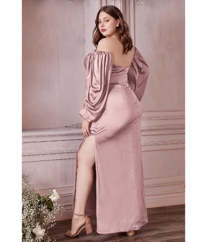 Cinderella Divine  Plus Size Mauve Satin Long Sleeve Bridesmaid Dress