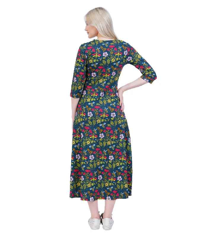 Pollinator 3/4th Sleeves Midi Dress (With Waist Seam)