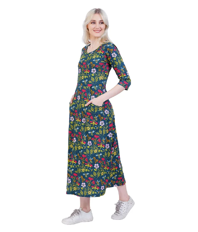 Pollinator 3/4th Sleeves Midi Dress (With Waist Seam)