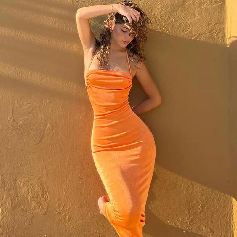 BerryBetty - Pretty Cowl Neck Strappy Draped Maxi Dress - Bright Orange