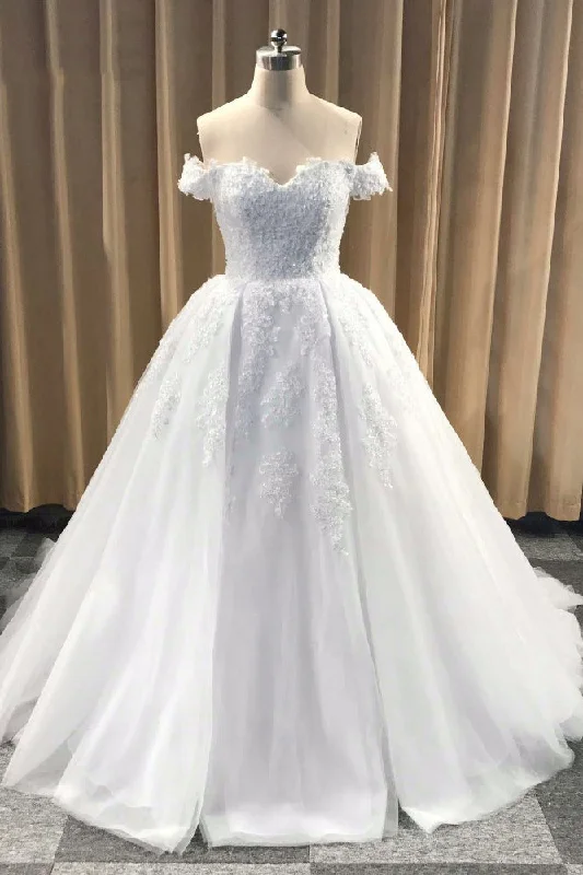 Puffy Off Shoulder Tulle Wedding Dresses Appliqued Bridal Dresses with Train N1173