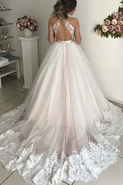 Romantic Wedding Dresses Long V-Neck Tulle Open Back Prom Gown with Lace N1256