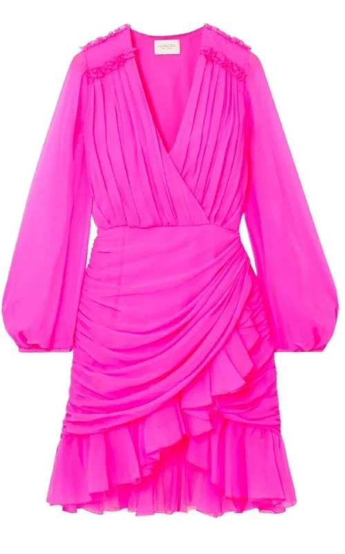 Ruched Neon Silk-Chiffon Mini Dress