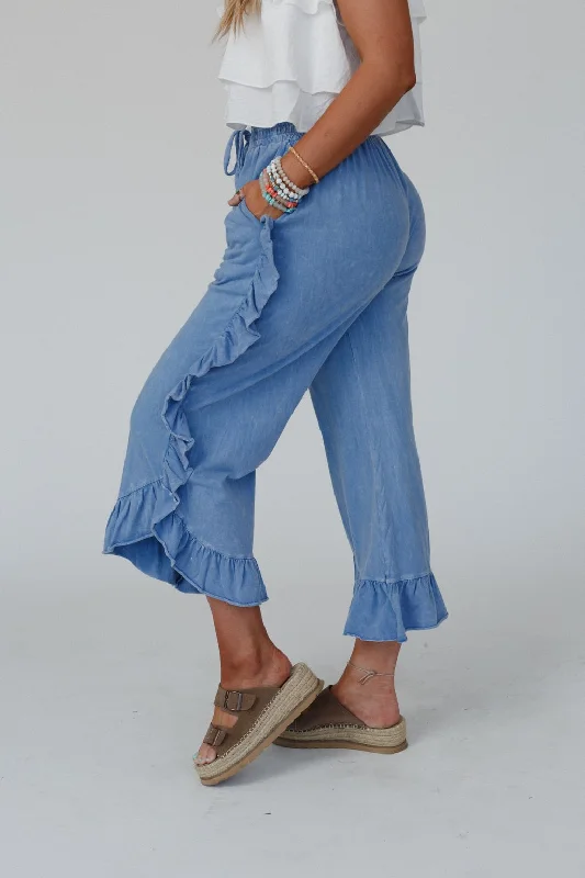 Ruffle Rock Wide Leg Pants - Blue