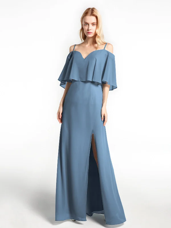 Ruffled Cold Shoulder Maxi Dress with Flounce Overlay Slate Blue